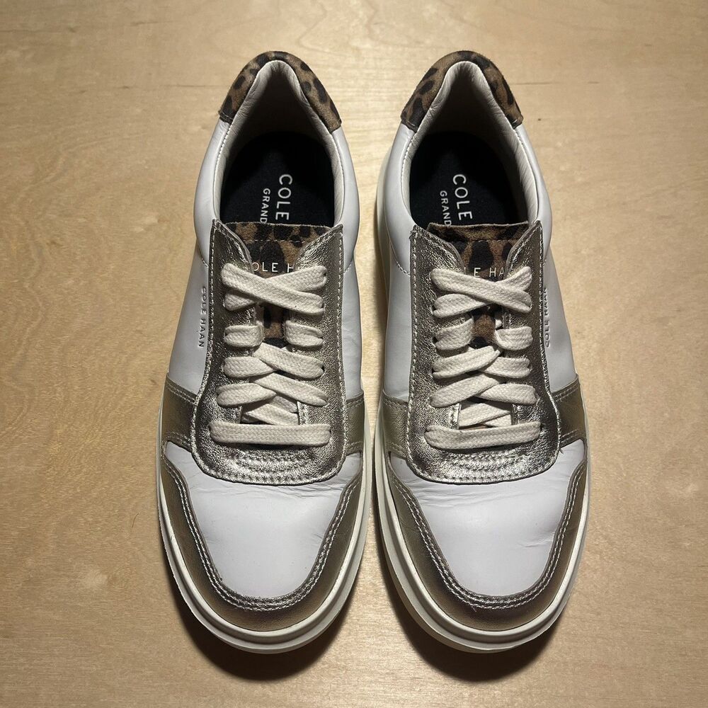 Cole Haan Women GrandPro Rally Court White Gold Leather Leopard Sneaker Size 6.5
